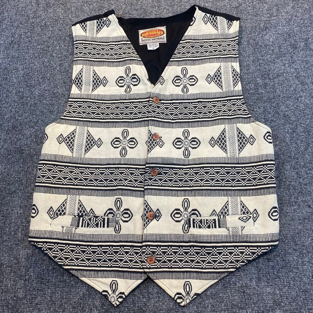 Vintage PARAGRAFF Aztec Vest Mens L Black Cream Button Up Southwestern Cowboy